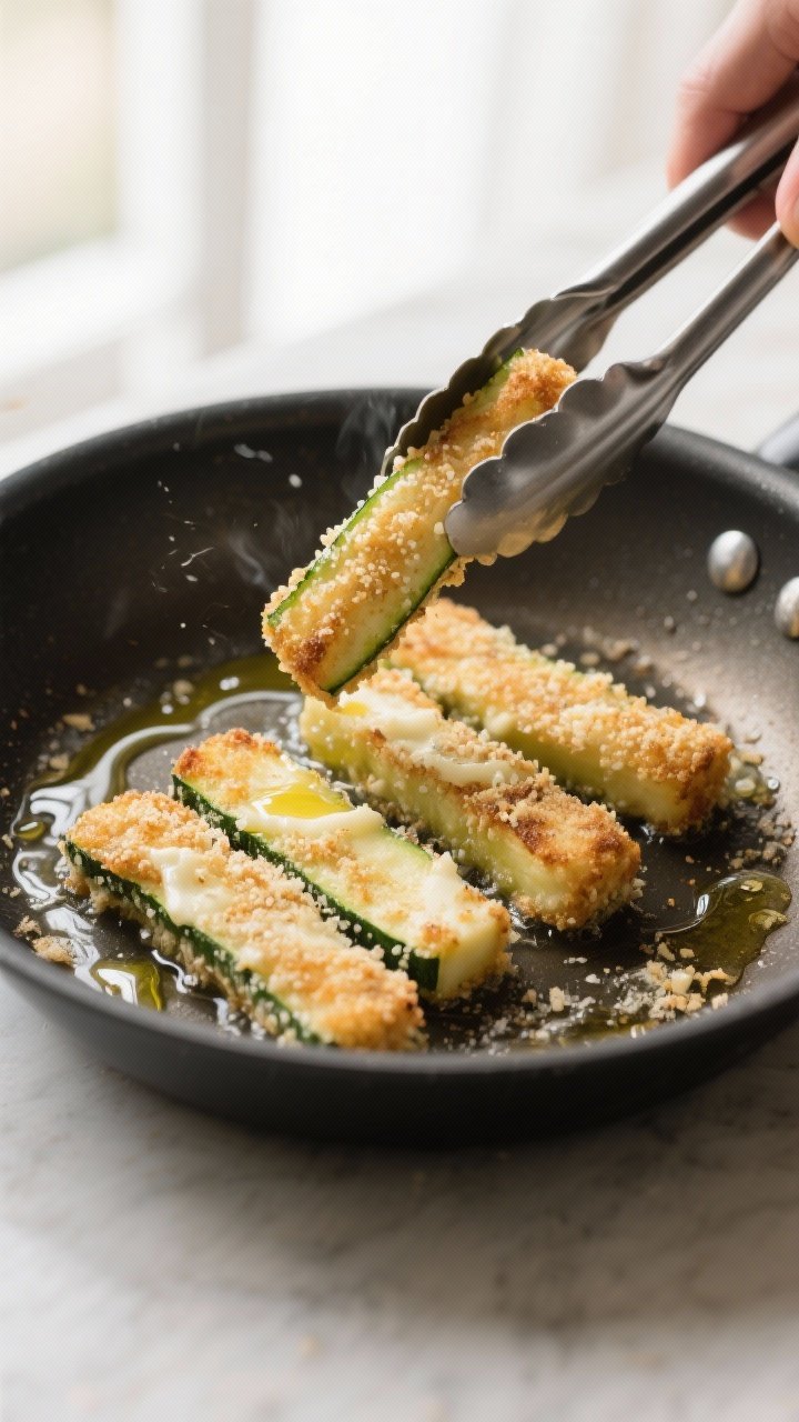 Cooking process: Zucchini & cheese sticks sizzling in a nonstick skillet, pan-fry method, captured m