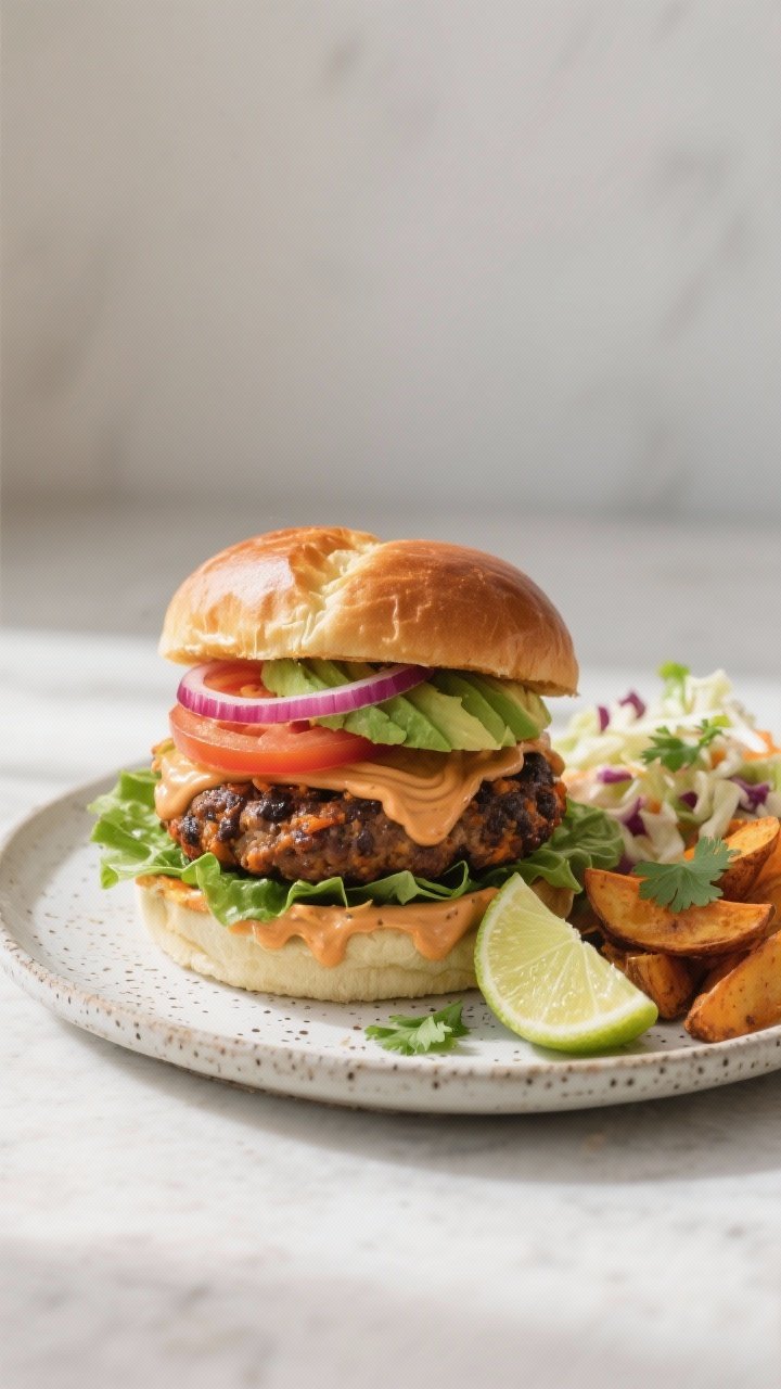 Final burger, plated: Beautifully stacked sweet potato black bean burger on a toasted brioche-style