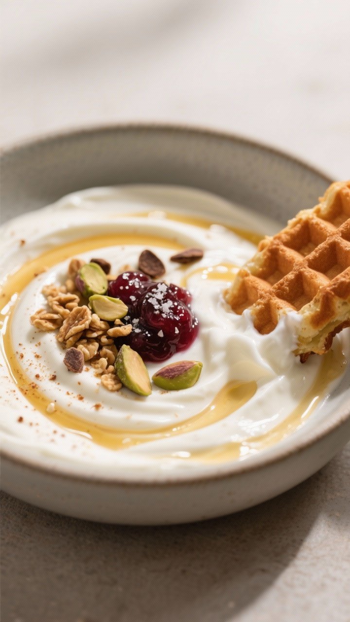Final dip detail: Close-up of a shallow bowl of creamy Greek yogurt dip, swirled with honey and vani