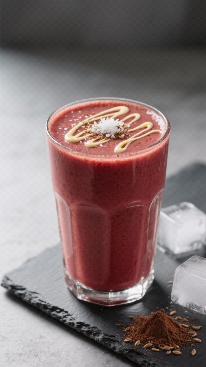 Final dish beauty: Hero shot at a 45-degree angle of a thick, frosty Red Velvet Smoothie (high-prote