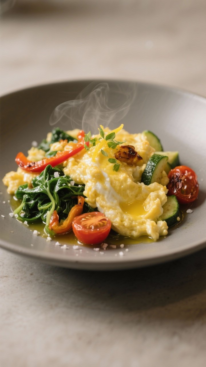 Final dish beauty: Restaurant-quality presentation of creamy scrambled eggs folded with tender-crisp