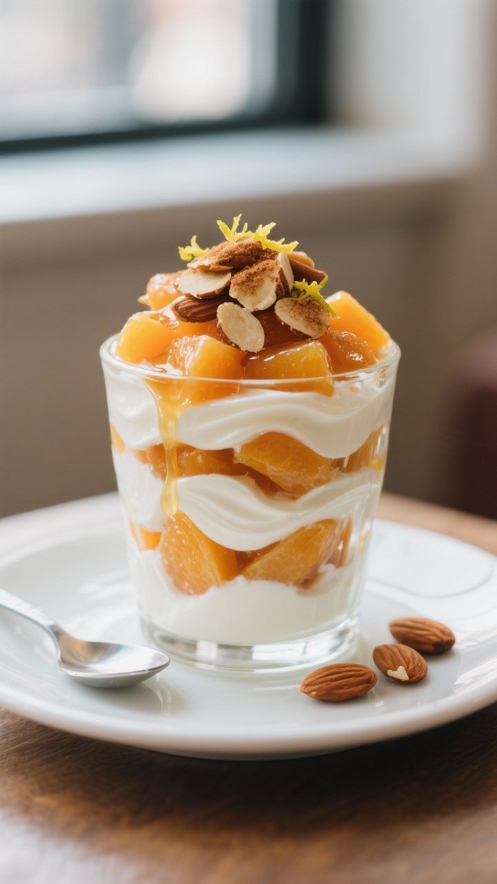 Final dish beauty shot: Apricot Almond Yogurt Cup layered like a parfait in a clear glass—swirls o