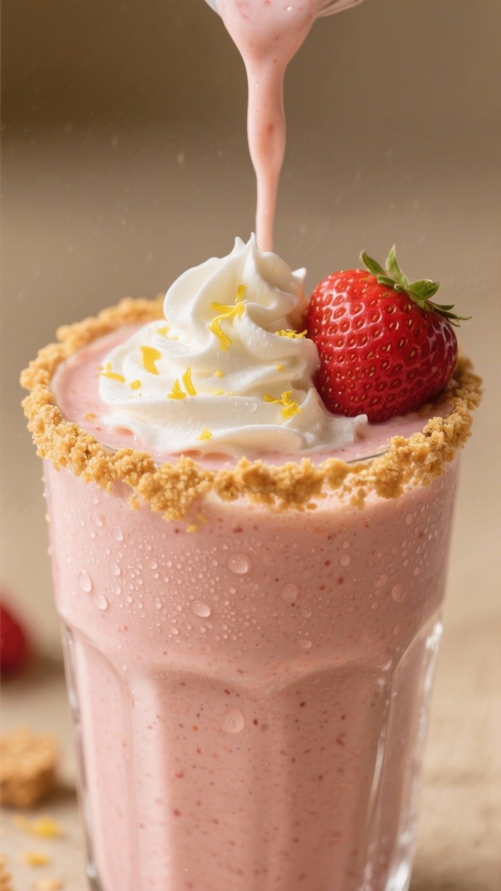 Final dish close-up detail: Close-up of a Strawberry Cheesecake Smoothie poured into a chilled clear