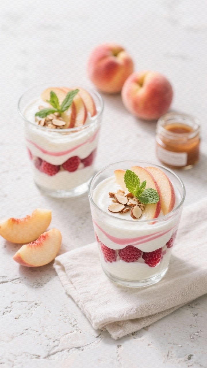Final dish, overhead: Peach Melba Yogurt Swirl layered in clear stemless glasses—creamy white Gree
