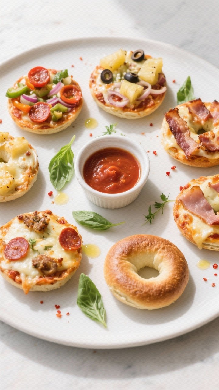 Final dish overhead: Plated assortment of finished mini bagel pizzas on a matte white platter—vari