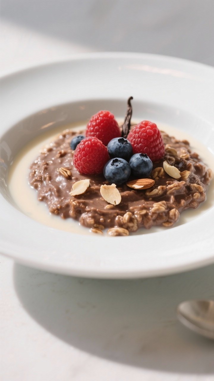 Final dish, plated beauty: Restaurant-quality presentation of Chocolate Protein Oatmeal in a wide, w