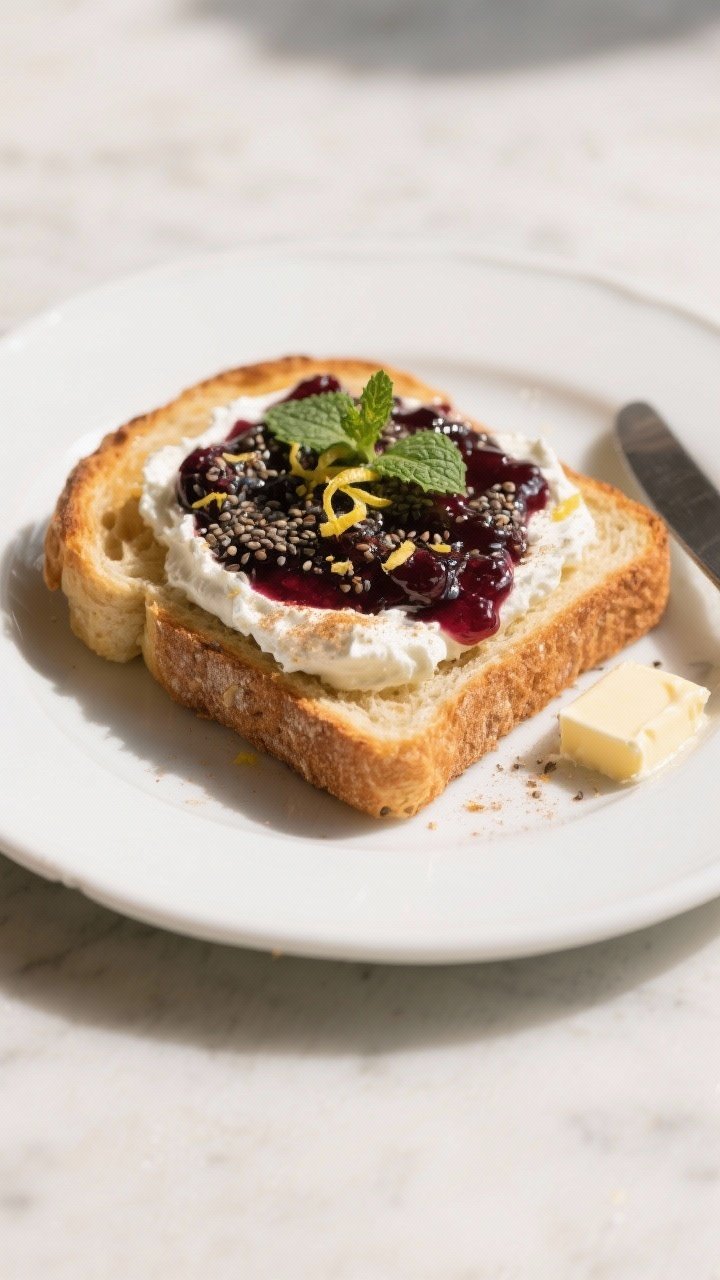 Final dish, plated beauty shot: Chia berry jam toast on thick-cut golden sourdough, edges crisp and 