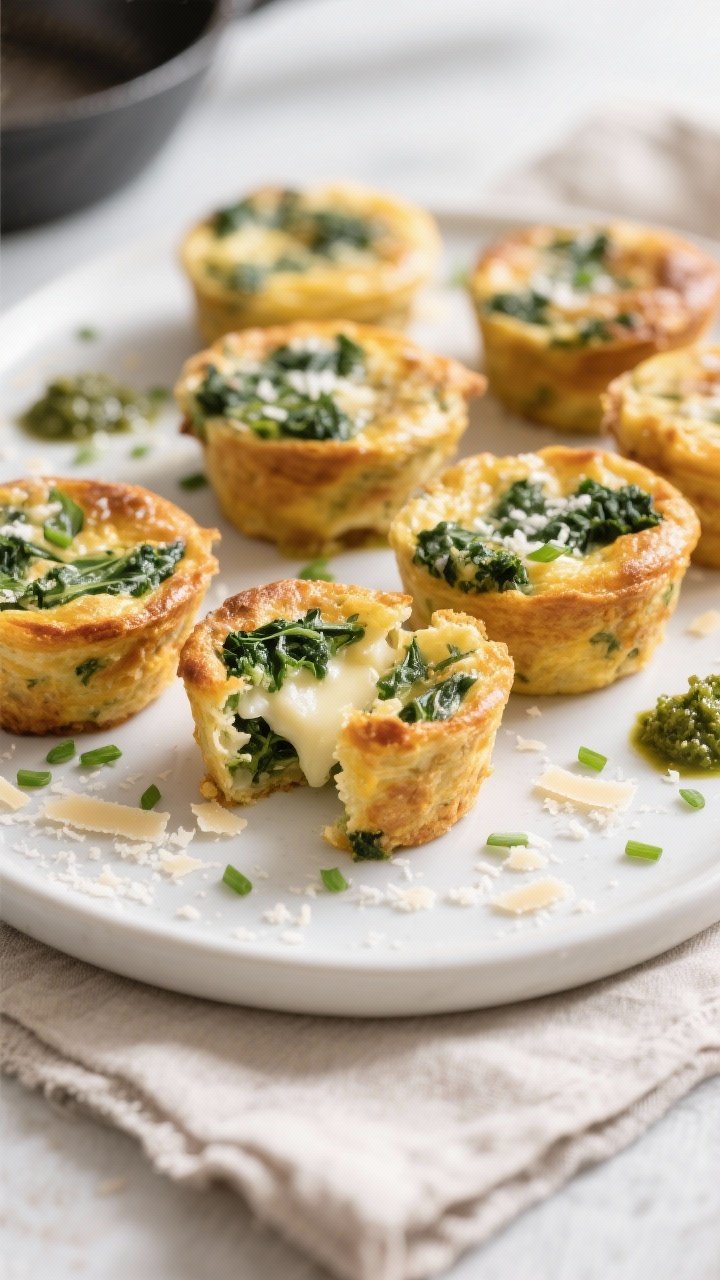 Final dish, plated presentation: Golden, puffed Kale & Cheese Mini Frittatas just out of the pan, ar