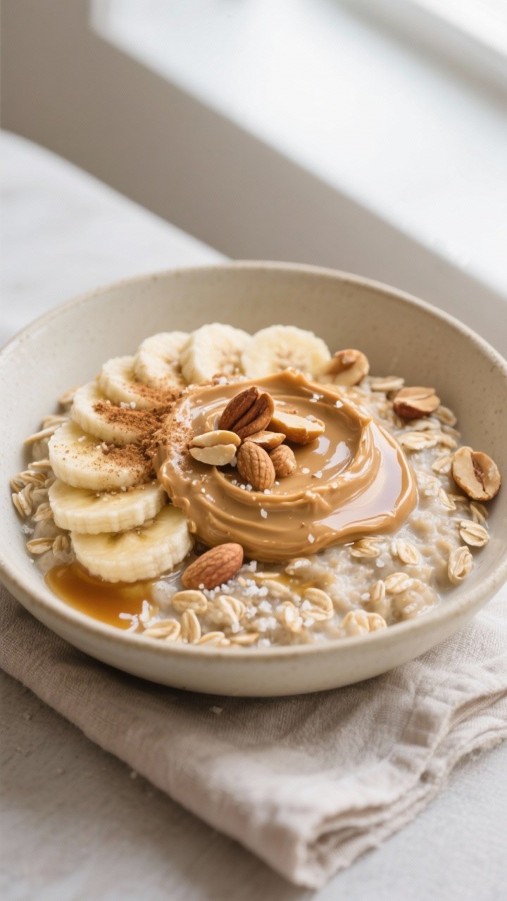 Final dish, plated presentation: Protein oat bowl topped with sliced banana, a generous swirl of pea
