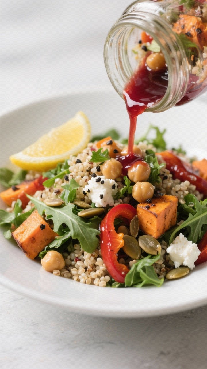 Final dish – Plated salad after shaking: Beautifully plated quinoa and roasted veggie salad poured