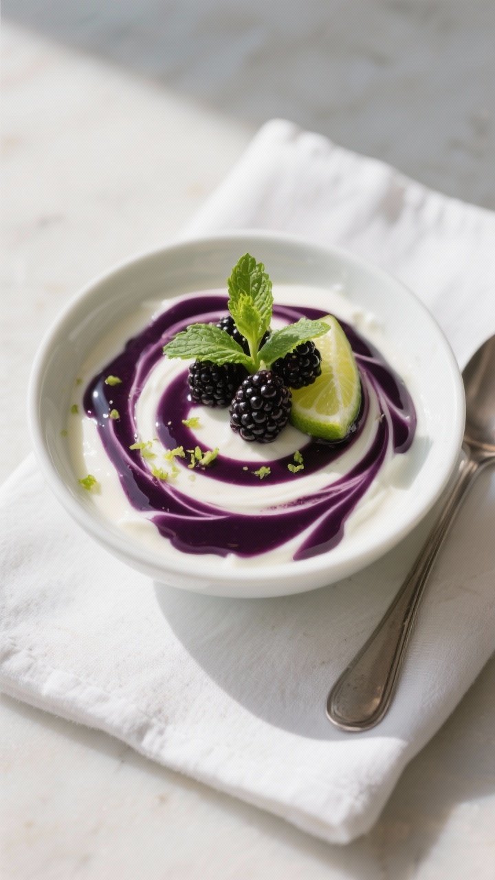 Final dish, plated swirl: Blackberry Lime Yogurt Swirl served in a shallow white ceramic bowl, drama