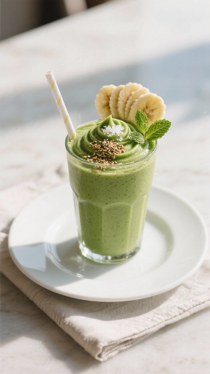 Final dish presentation: A beautifully plated Green Monster Smoothie served in a tall glass with a w