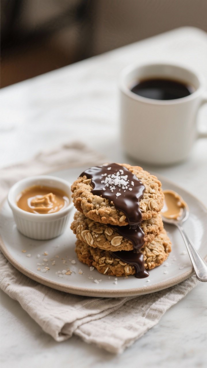 Final dish presentation: A café-style plate with three oatmeal breakfast cookies stacked and drizzl