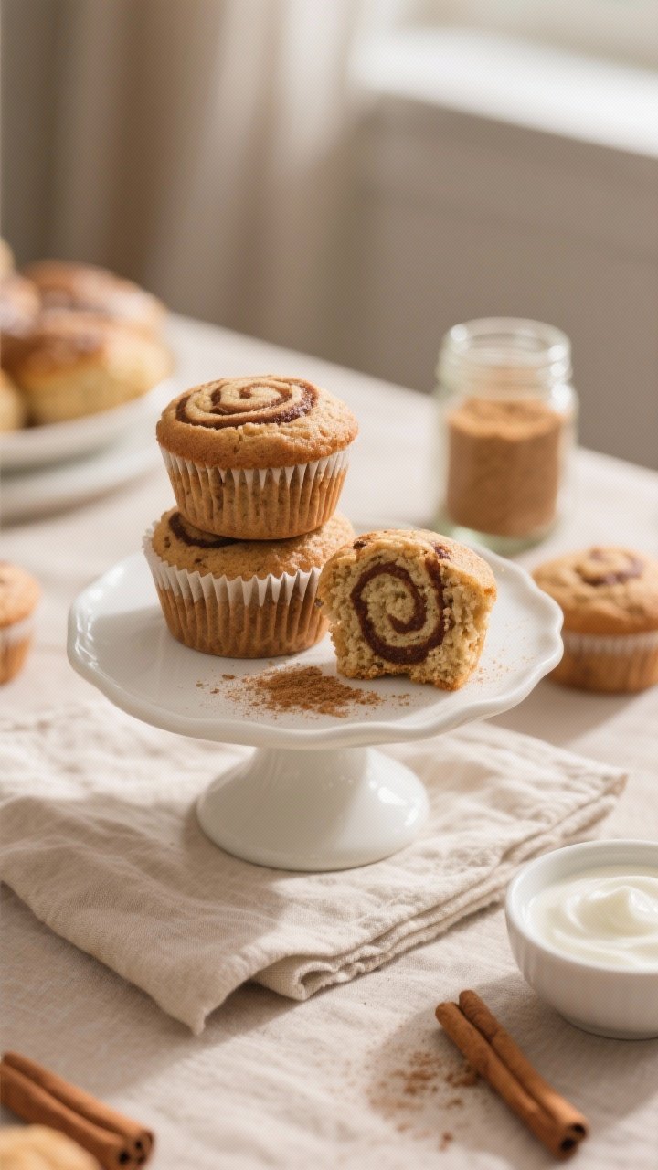 Final dish presentation: A cozy brunch scene featuring a small stack of spelt cinnamon swirl muffins