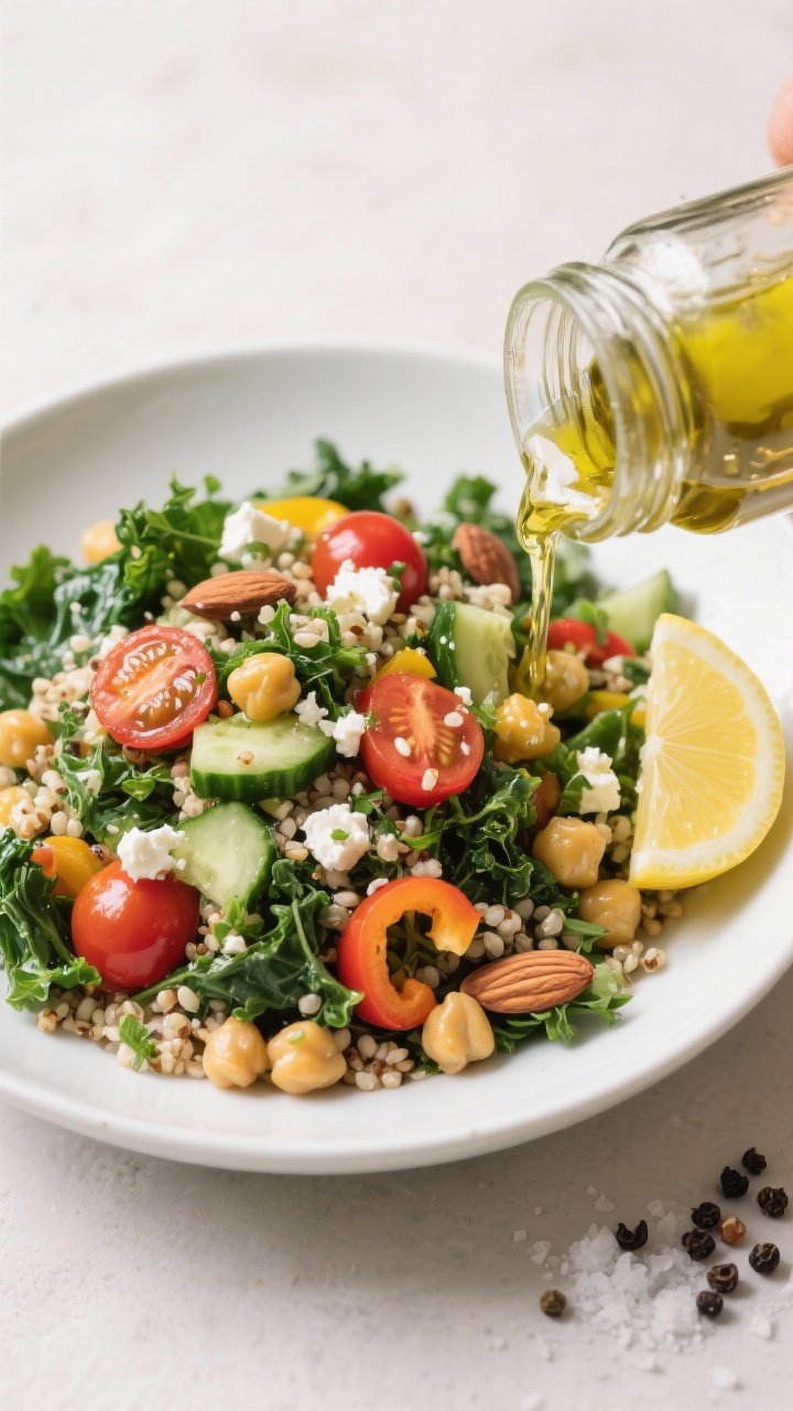 Final dish presentation: A fully dressed quinoa & kale salad poured from the jar into a shallow whit