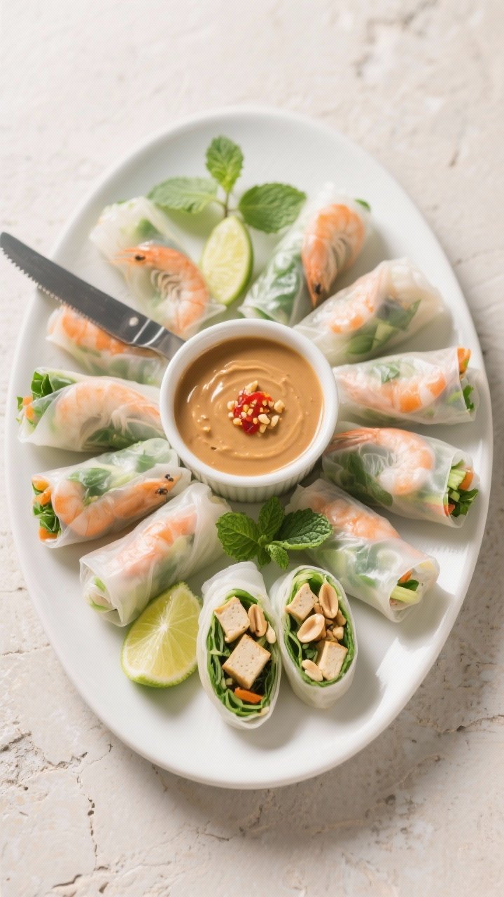 Final dish presentation: A platter of finished veggie spring rolls arranged in a fan on a matte whit