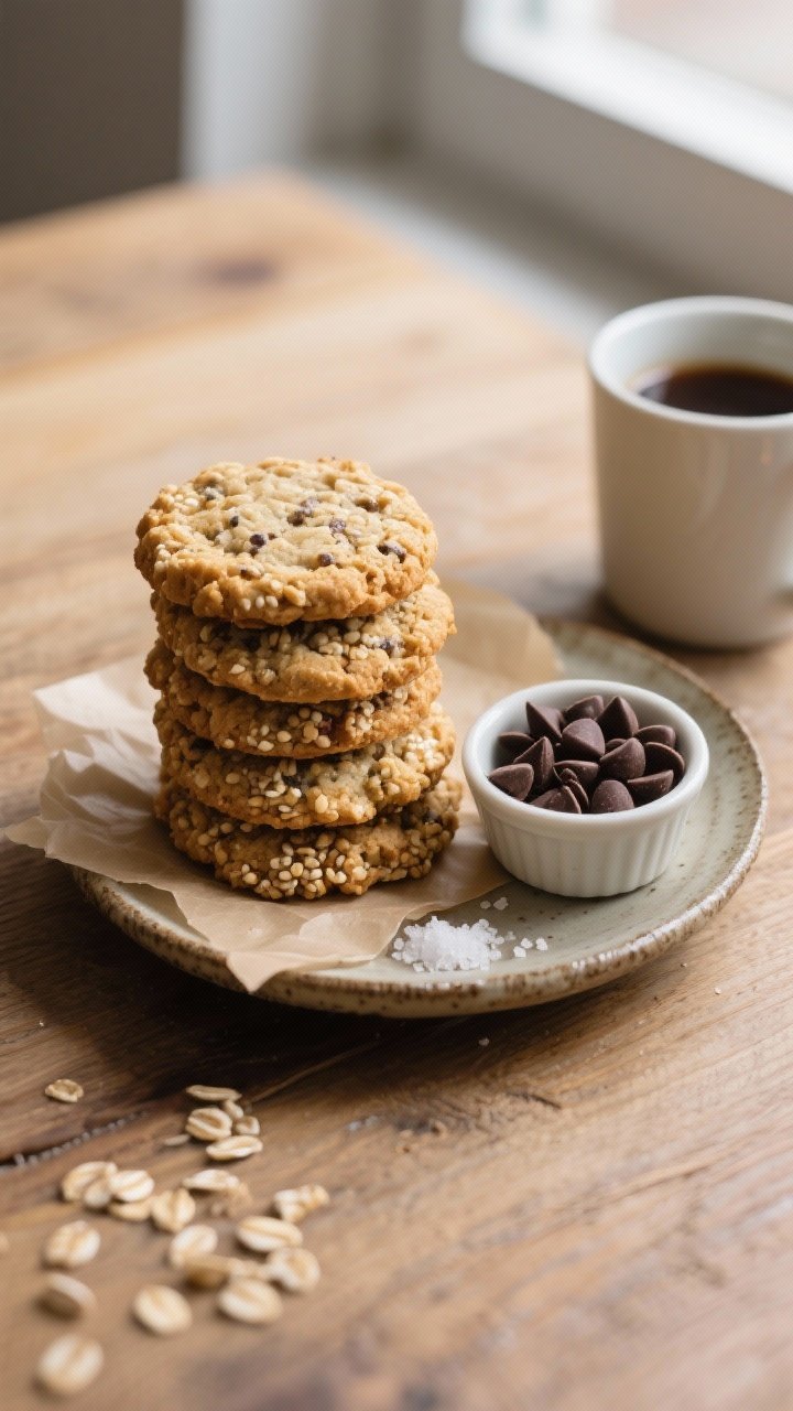 Final dish presentation: A rustic ceramic plate stacked with 5–6 quinoa oatmeal cookies, edges lig