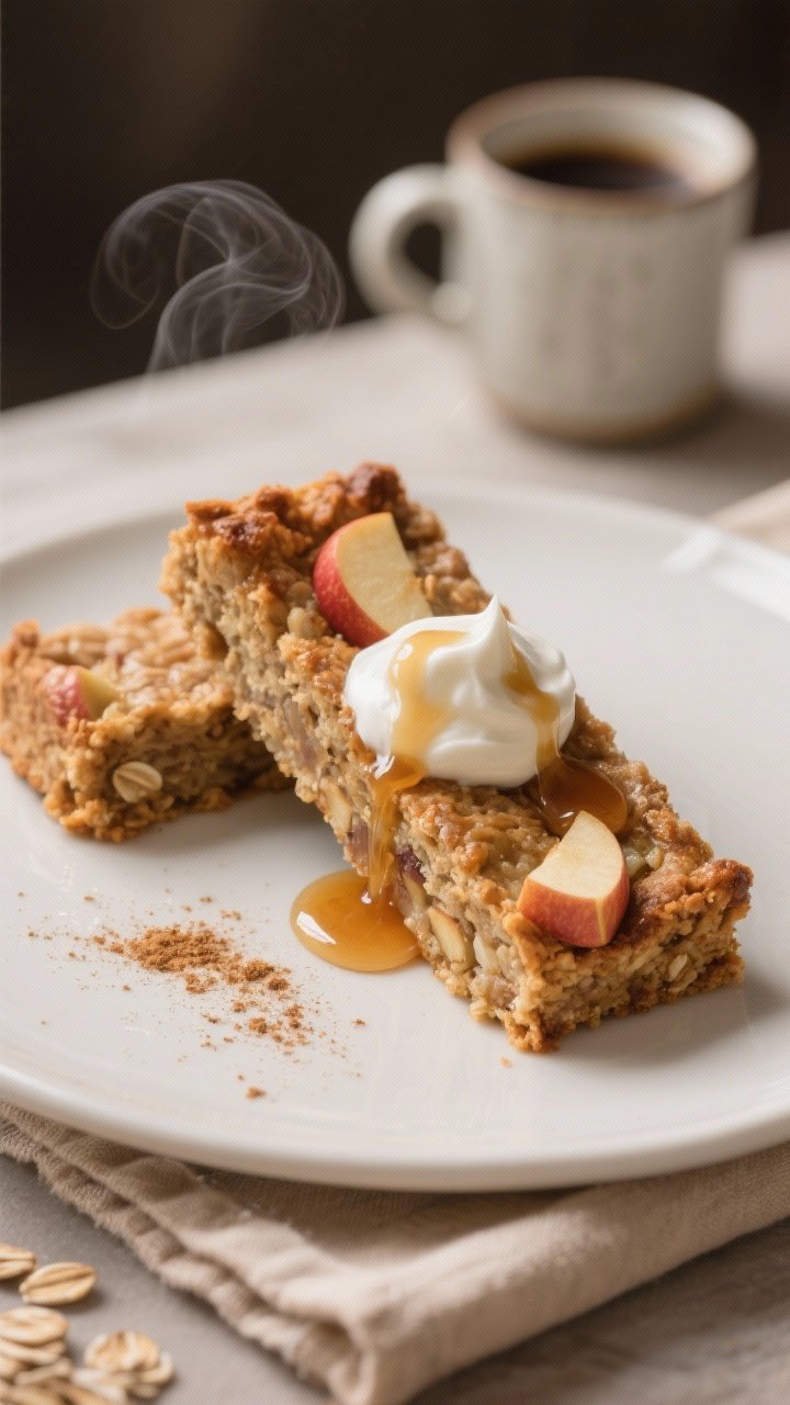 Single apple cinnamon baked oatmeal bar plated on white dish