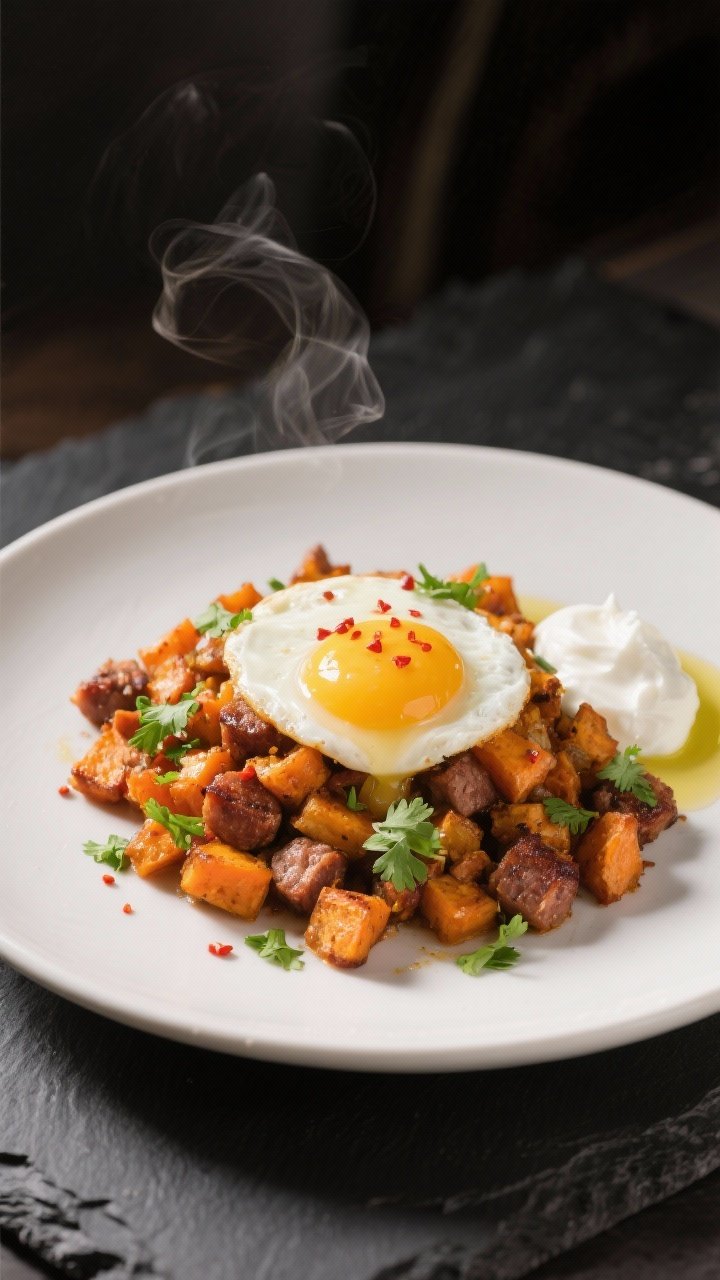 Final dish presentation: A single-serving plate of the hash with one egg on top, yolk just broken an