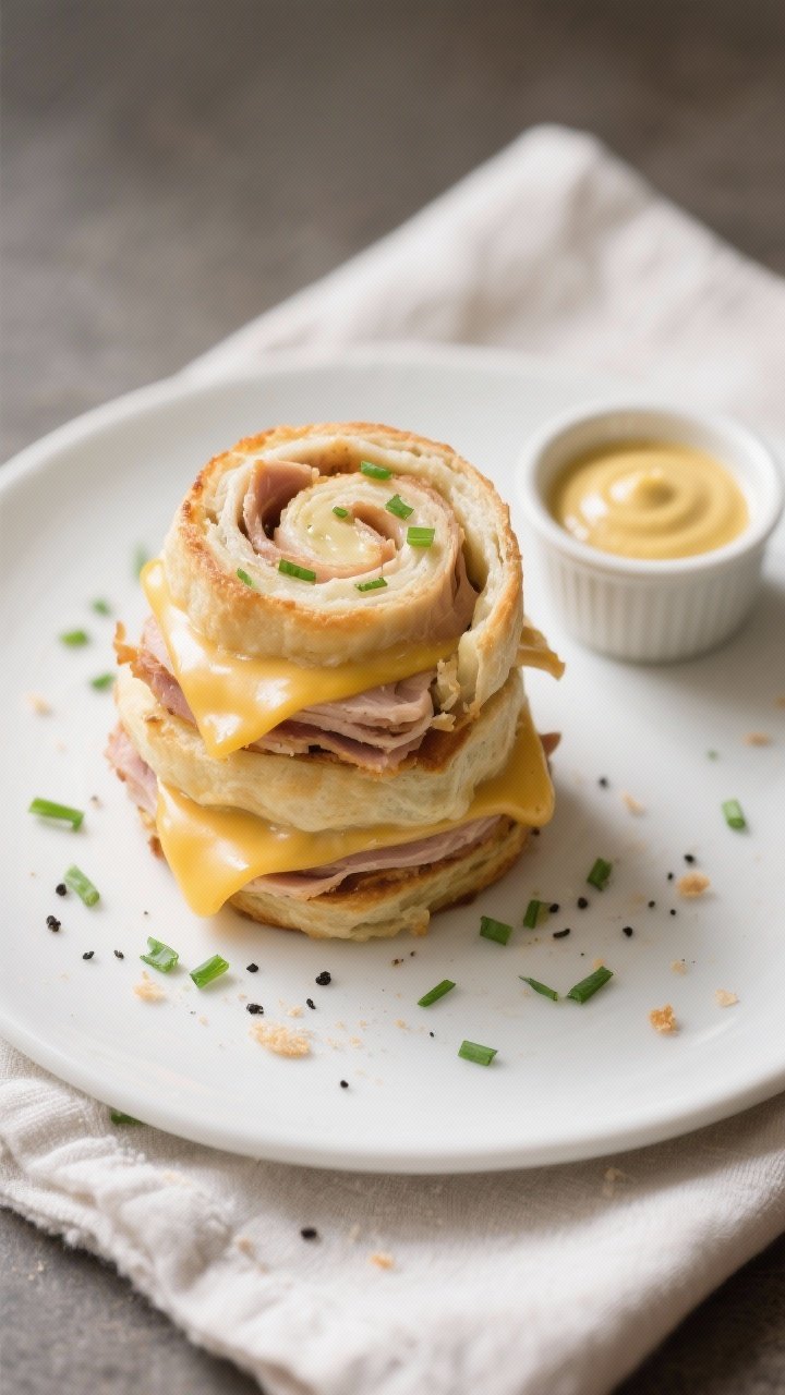 Final dish presentation: A stack of warm turkey & cheese breakfast pinwheels on a matte white plate,