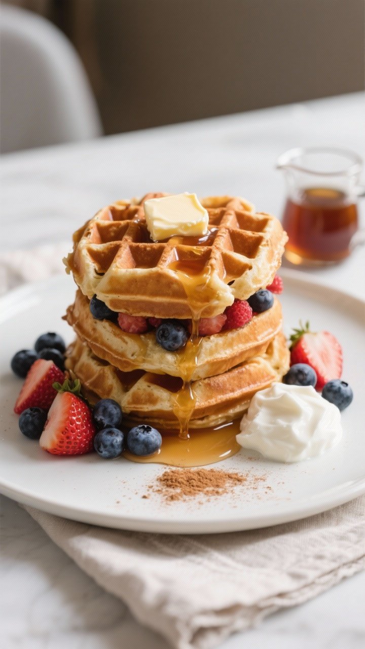 Final dish presentation: A stacked tower of Better-Than-Kodiak-Cakes protein waffles on a matte whit
