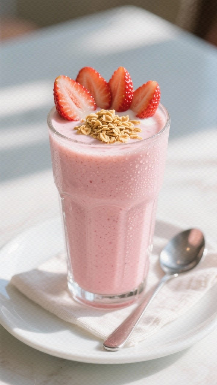 Final dish presentation: A tall chilled glass filled with a perfectly smooth strawberry yogurt smoot