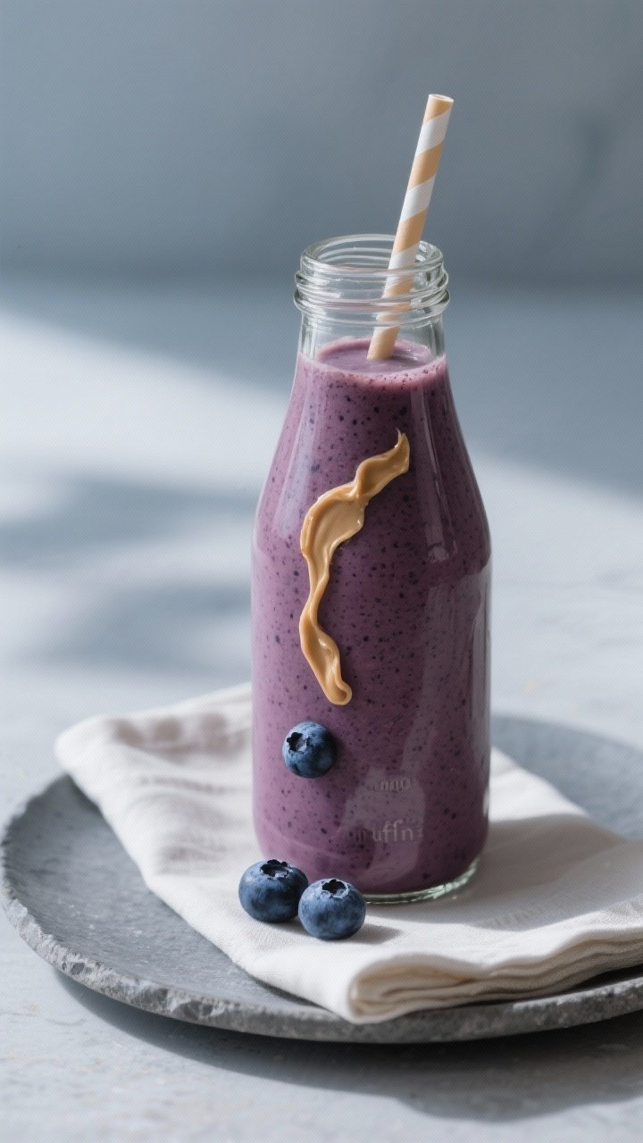 Final dish presentation: Bakery-inspired Blueberry Muffin Smoothie served in a tall glass bottle wit