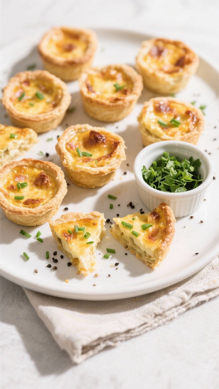 Final dish presentation: Beautiful brunch spread of mini Quiche Lorraine on a matte white platter, a