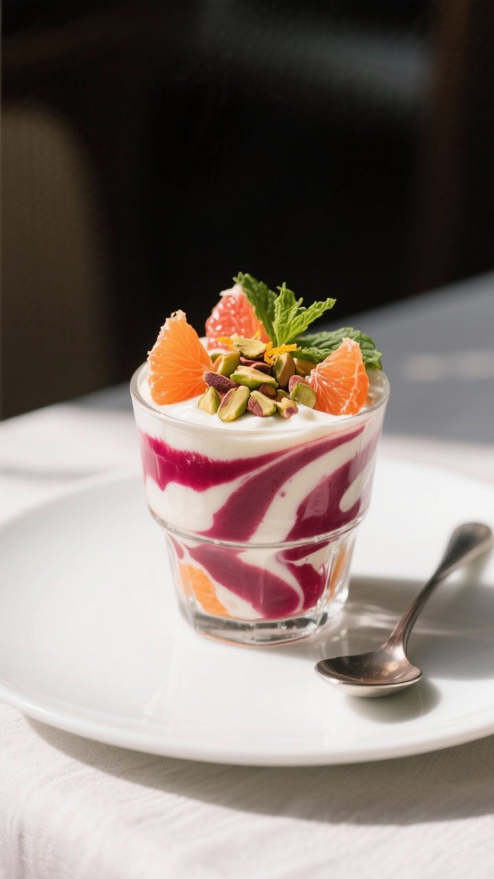 Final dish presentation: Beautifully plated Blood Orange Yogurt Swirl in a clear low tumbler, dramat