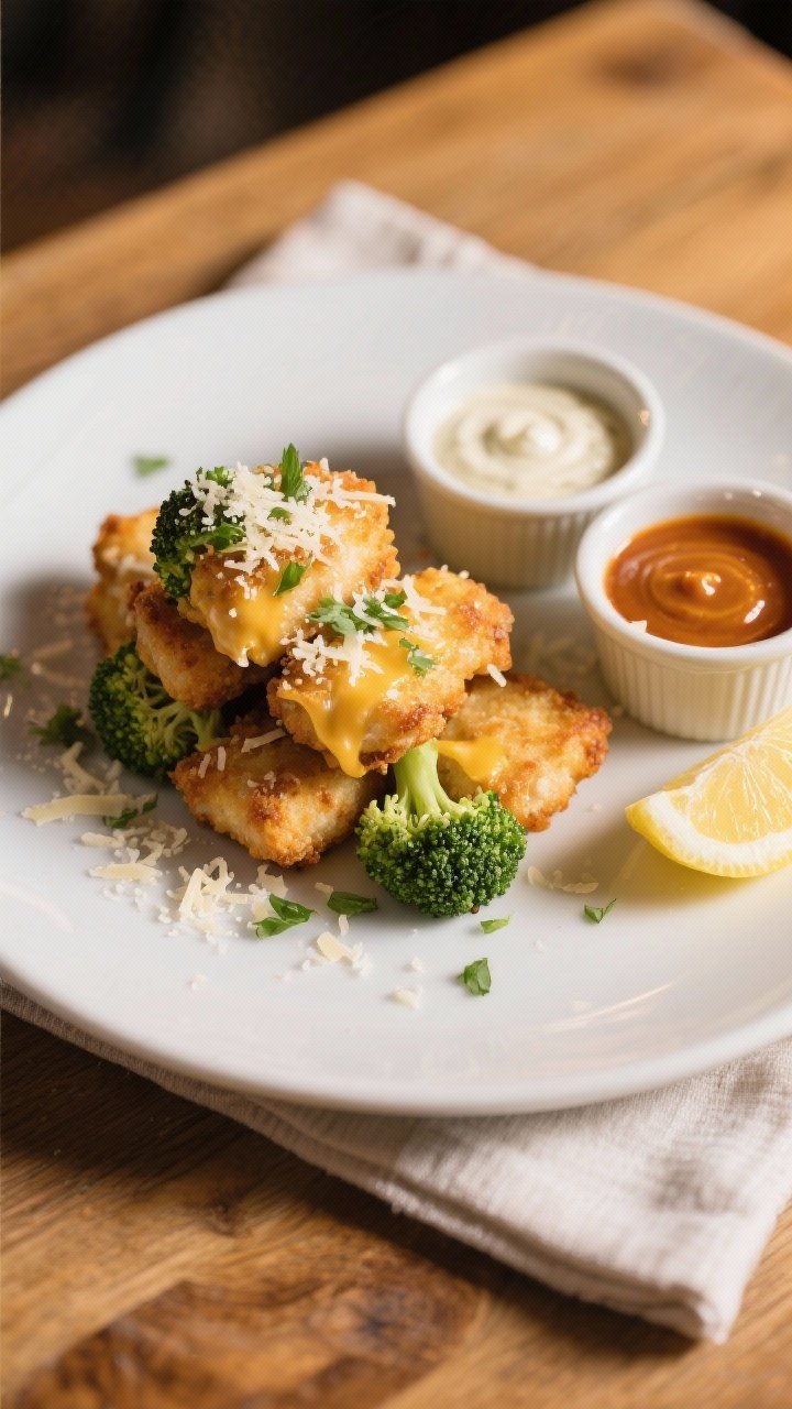 Final dish presentation: Beautifully plated Cheesy Broccoli Chicken Nuggets arranged in a neat stack