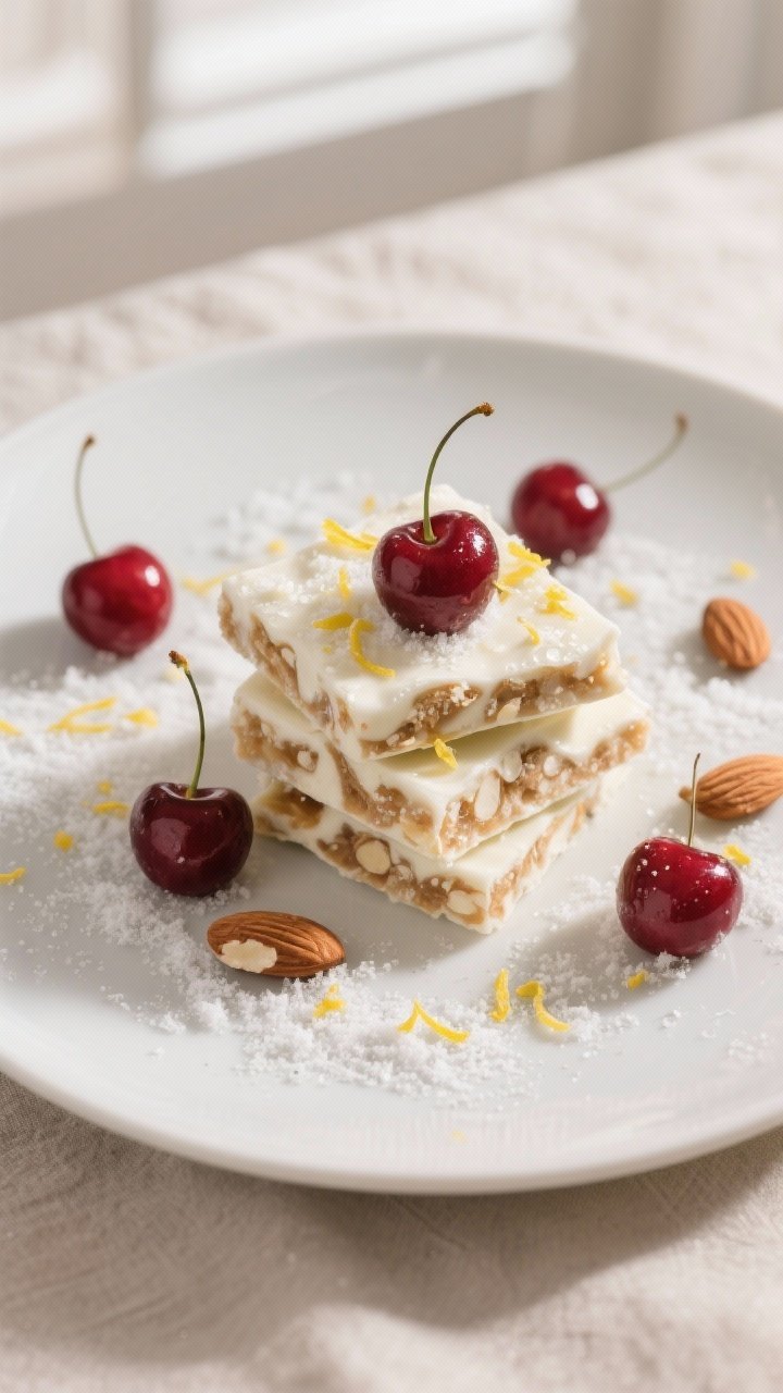 Final dish presentation: Beautifully plated cherry almond yogurt bark squares stacked on a matte whi
