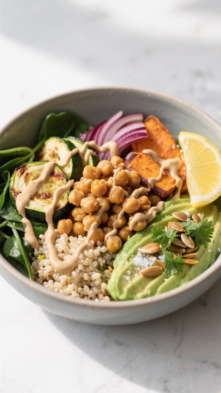 Final dish presentation: Beautifully plated Chickpea & Veggie Buddha Bowl in a wide matte ceramic bo