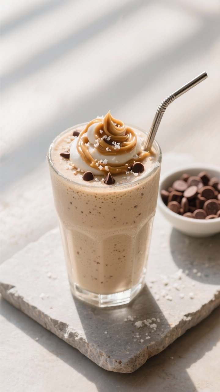 Final dish presentation: Beautifully plated Cookie Dough Smoothie served in a frosty milkshake-style