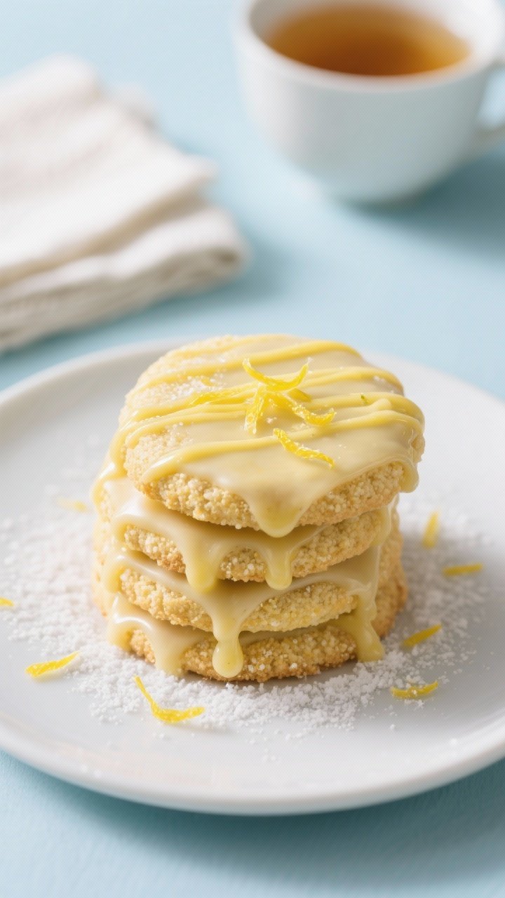 Final dish presentation: Beautifully plated Cornmeal Lemon Cookies with a glossy lemon glaze delicat