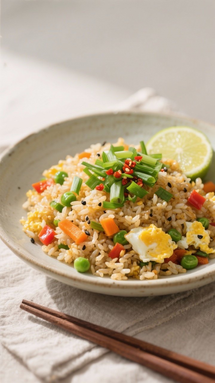 Final dish presentation: Beautifully plated Egg & Veggie Fried Rice in a wide, shallow ceramic bowl,