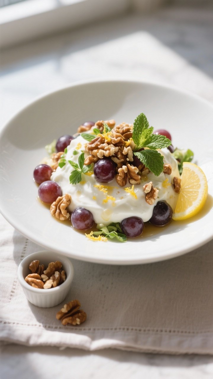 Final dish presentation: Beautifully plated Grape & Walnut Yogurt Salad mounded in a low, wide white