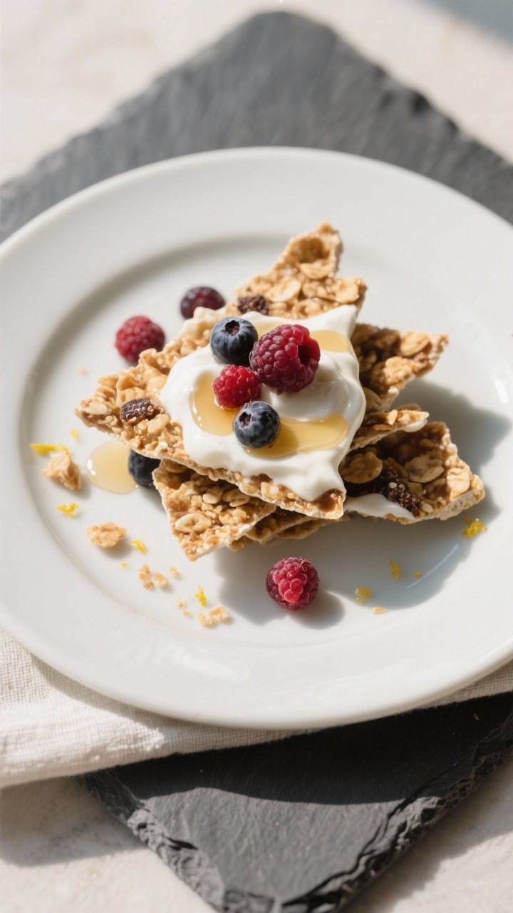 Final dish presentation: Beautifully plated Greek Yogurt Breakfast Bark served as a grab-and-go brea