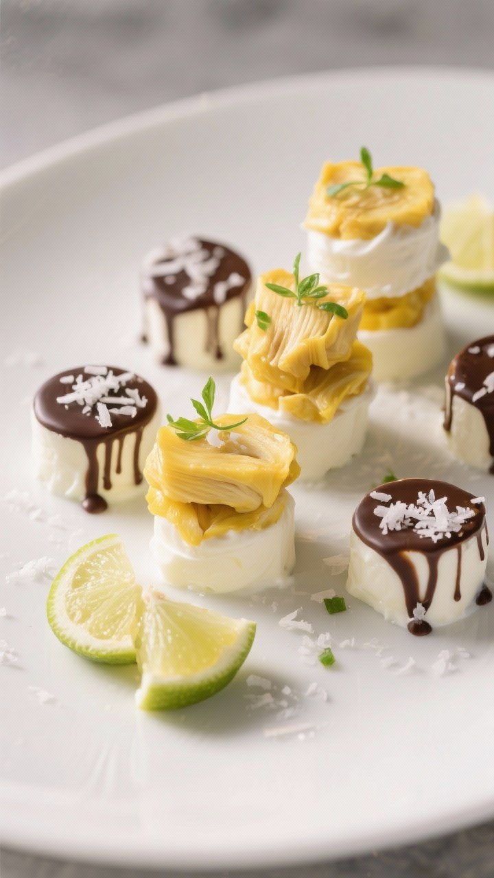Final dish presentation: Beautifully plated jackfruit yogurt bites stacked on a matte white plate, r