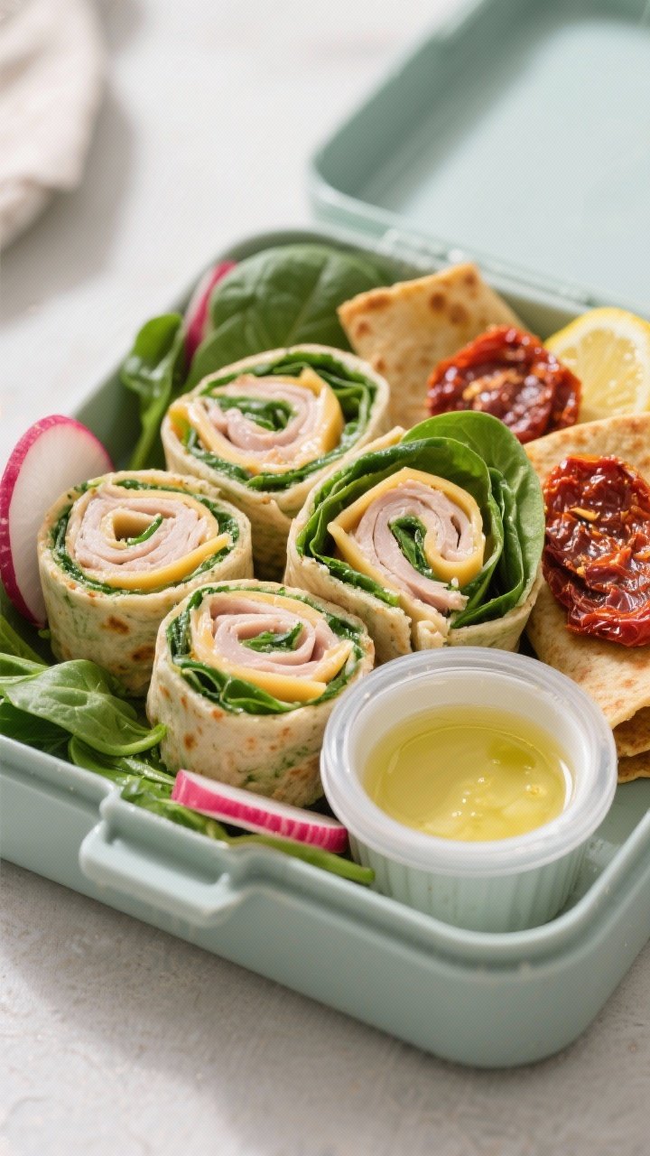 Final dish presentation: Beautifully plated lunchbox-style scene featuring neatly packed pinwheels m