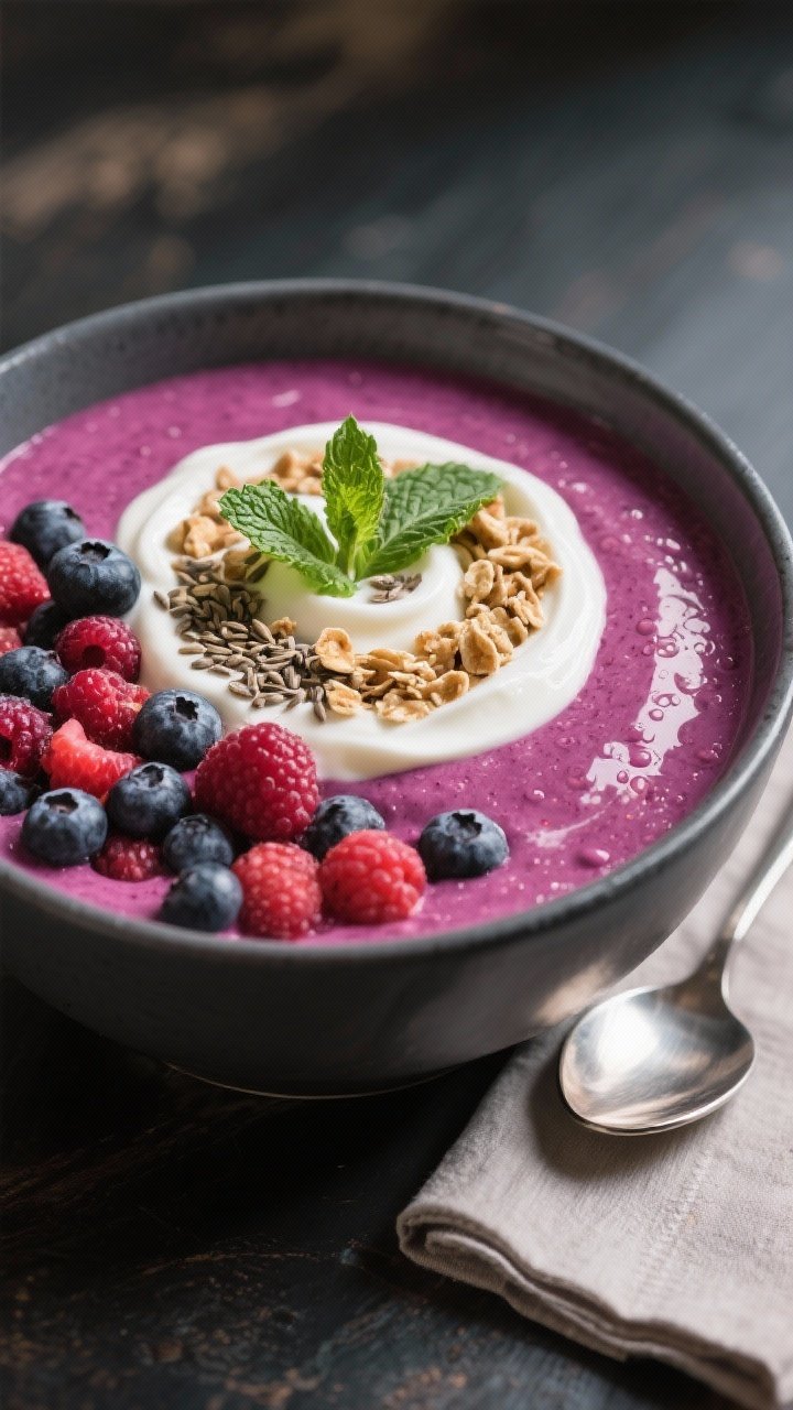 Final dish presentation: Beautifully plated Mixed Berry Yogurt Smoothie Bowl with Greek yogurt richn