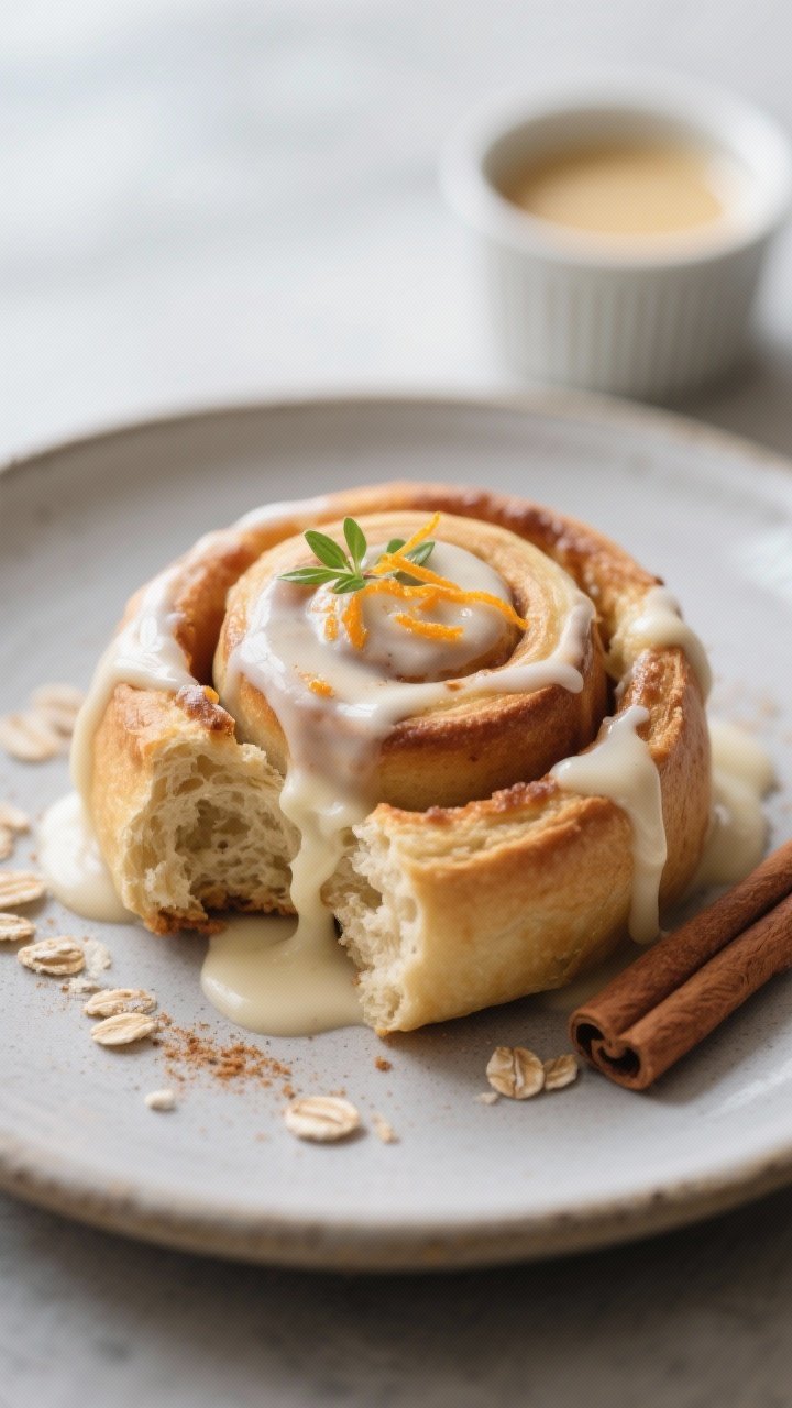 Final dish presentation: Beautifully plated Oat Butter Cinnamon Roll on a matte ceramic plate, gener