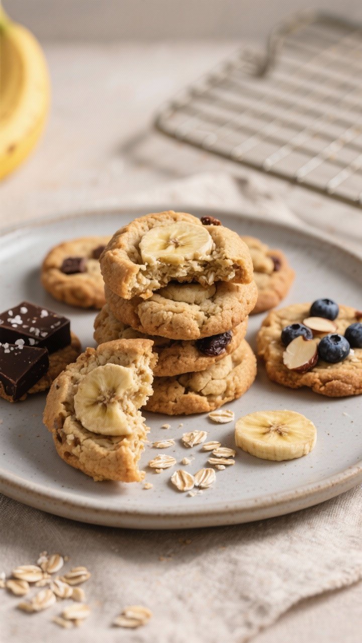 Final dish presentation: Beautifully plated Oat Butter Banana Cookies stacked and staggered on a mat
