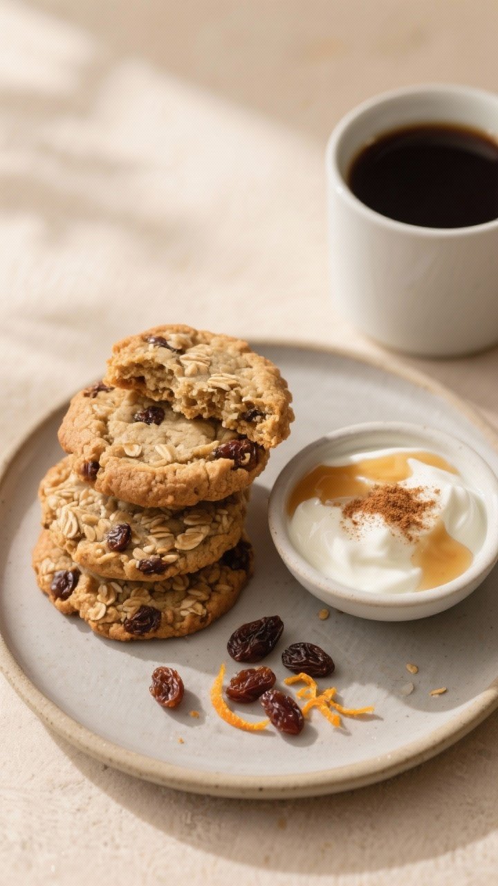 Final dish presentation: Beautifully plated oatmeal raisin breakfast cookies on a matte ceramic plat
