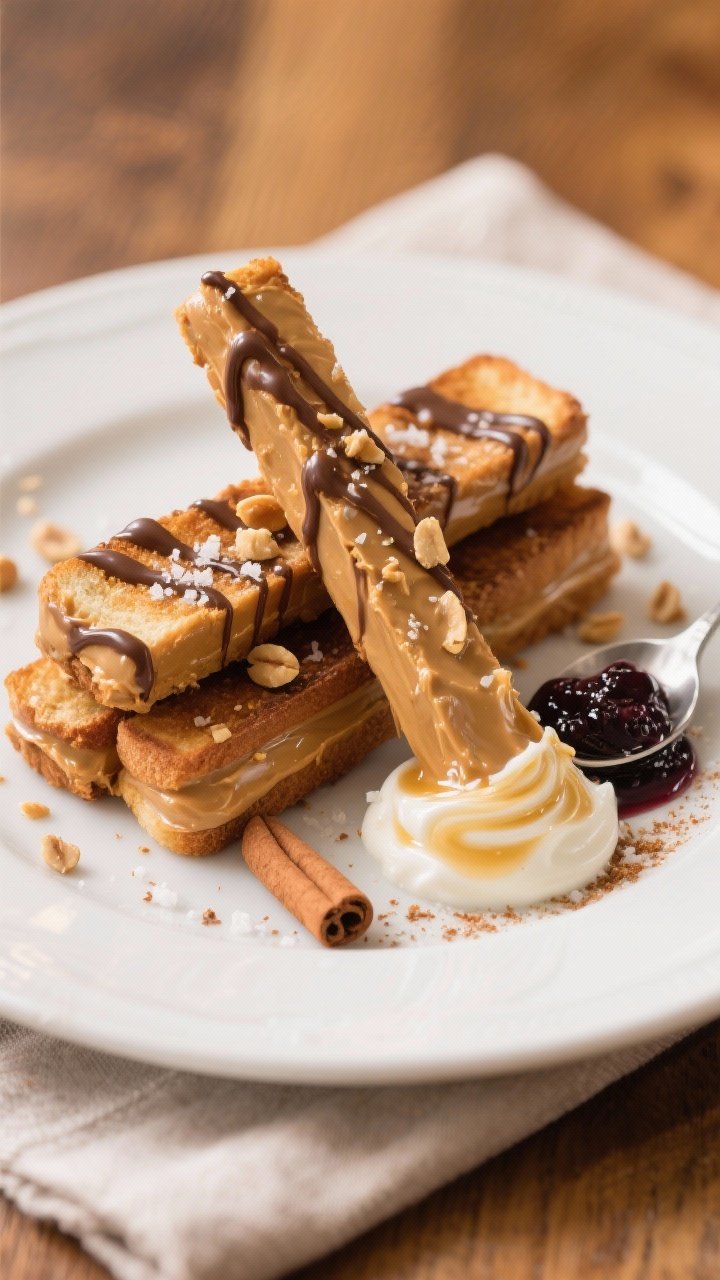 Final dish presentation: Beautifully plated Peanut Butter Toast Sticks stacked in a loose crisscross