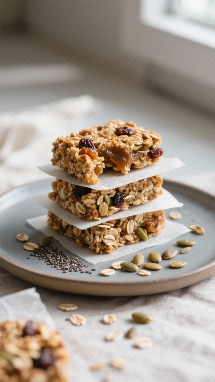 Final dish presentation: Beautifully plated seed butter granola bars stacked on a matte ceramic plat