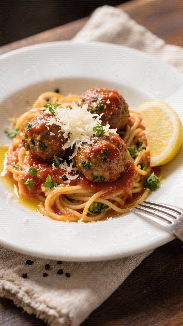 Final dish presentation: Beautifully plated spaghetti and hidden-veggie meatballs tossed in glossy m