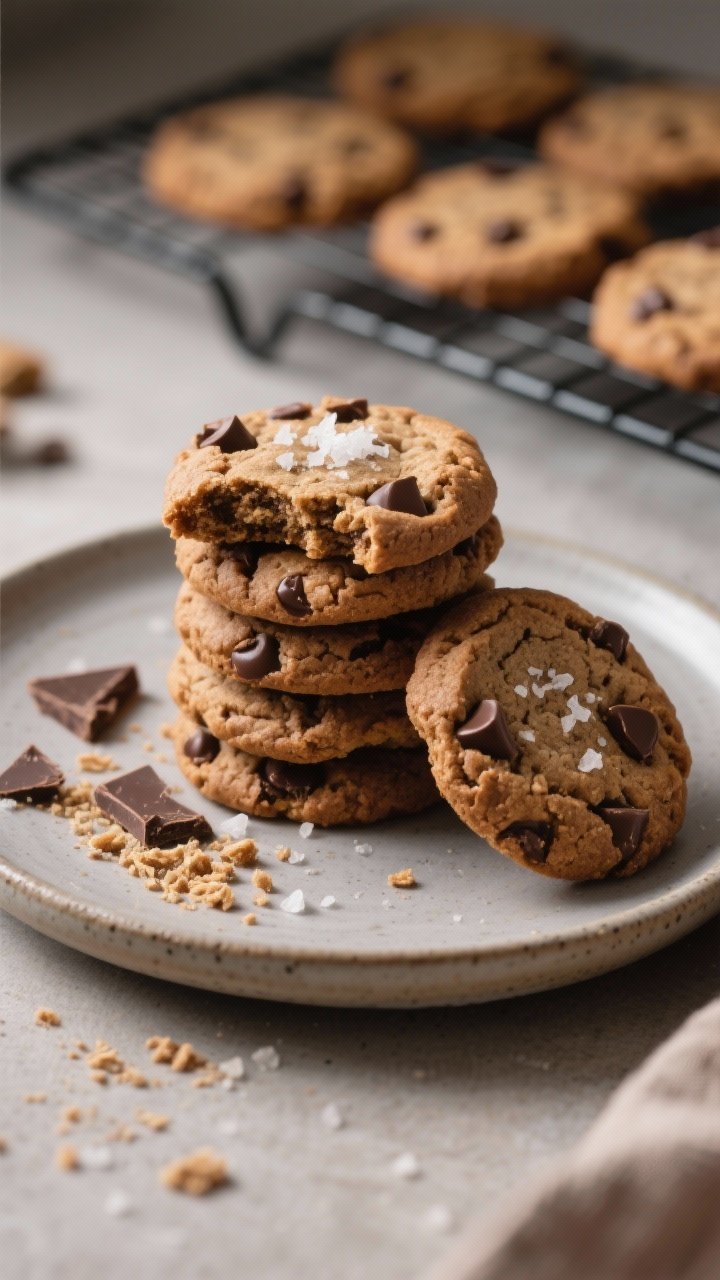 Final dish presentation: Beautifully plated stack of rye chocolate chip cookies on a matte stoneware