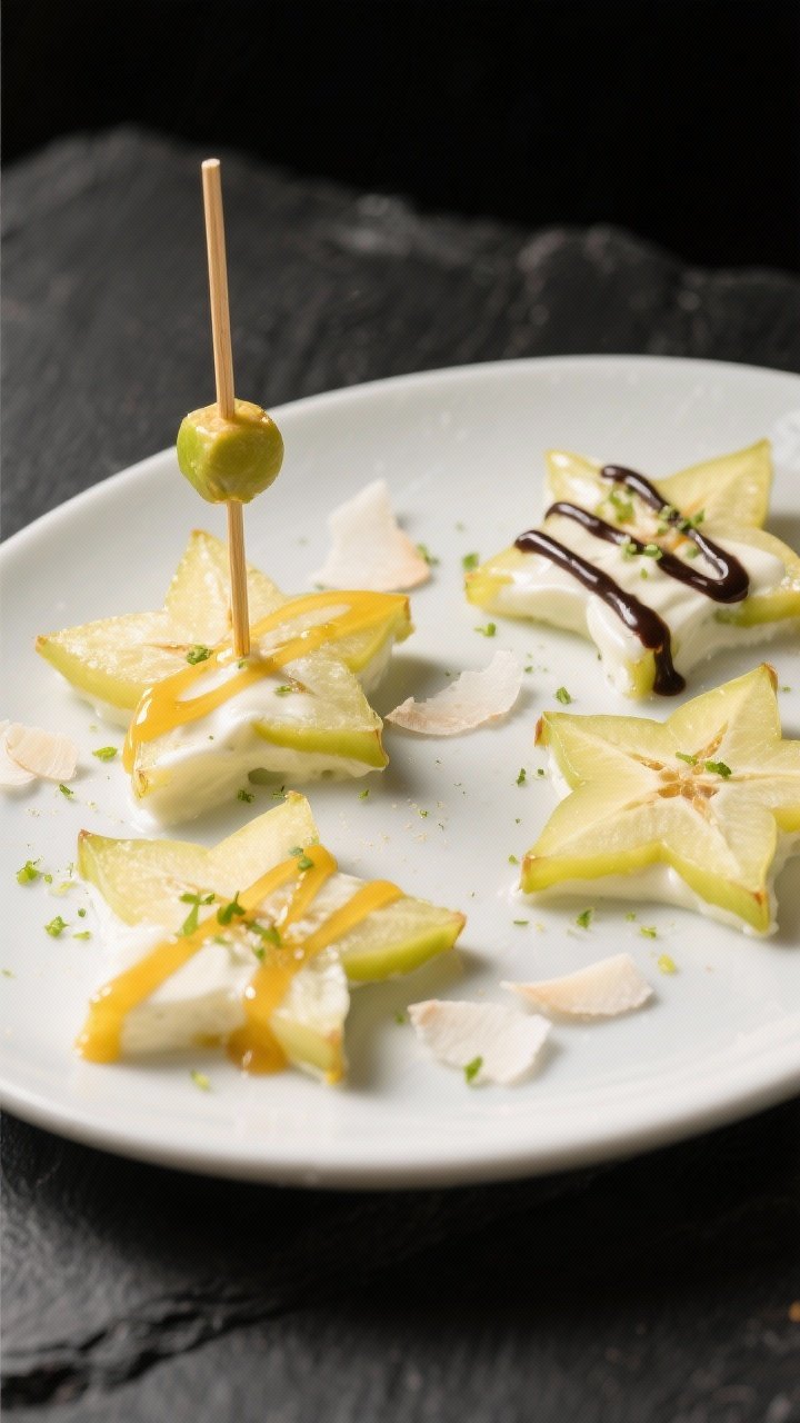 Final dish presentation: Beautifully plated Starfruit Yogurt Stars arranged in a loose constellation