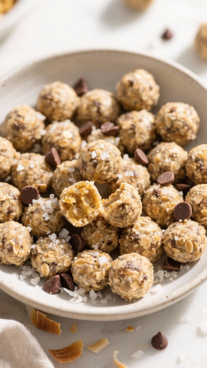 Final dish presentation: Beautifully plated Sunflower Butter Energy Balls arranged in a shallow matt
