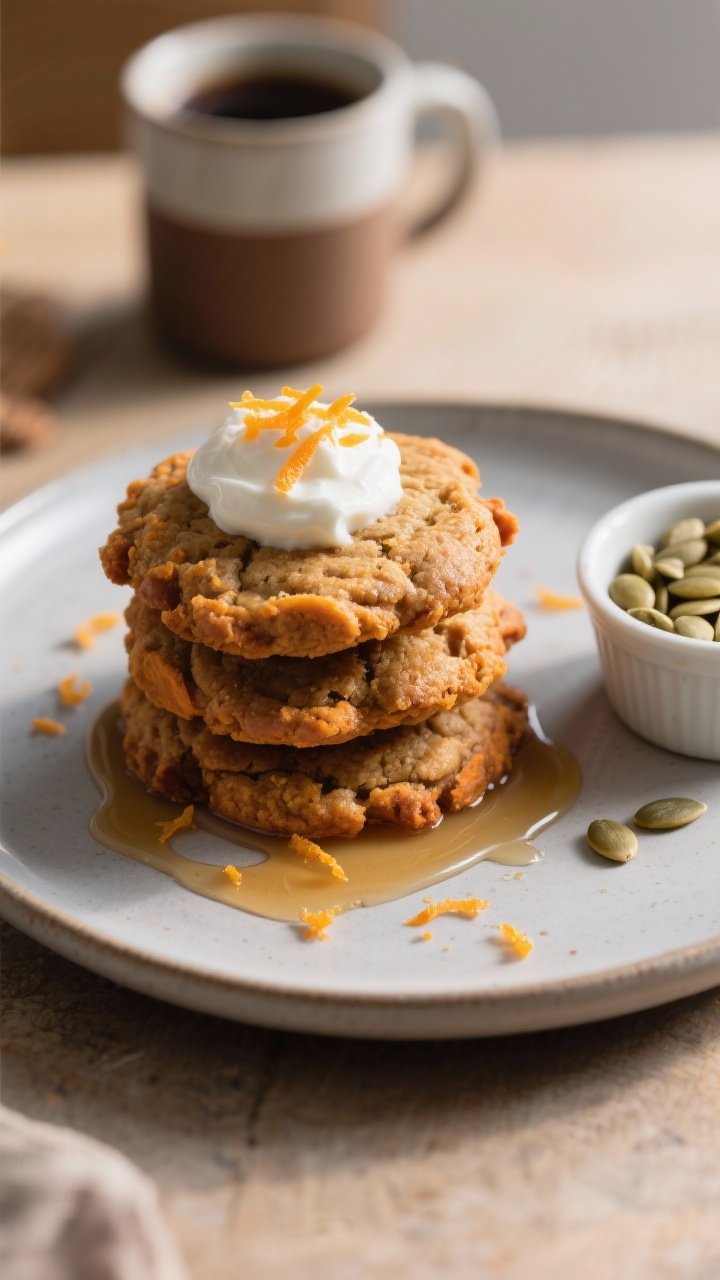 Final dish presentation: Beautifully plated sweet potato breakfast cookies on a matte ceramic plate,